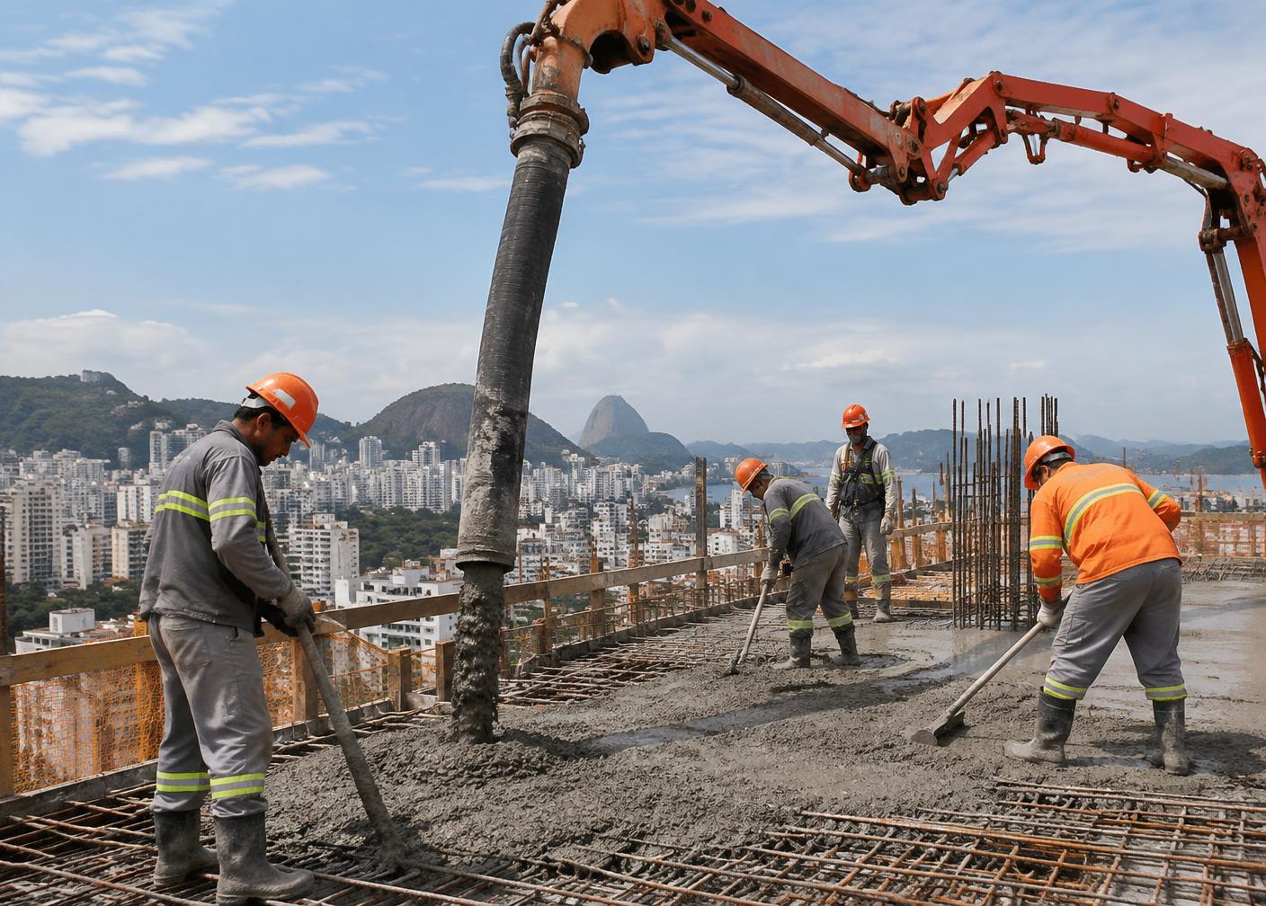Bomba lançando concreto em laje elevada