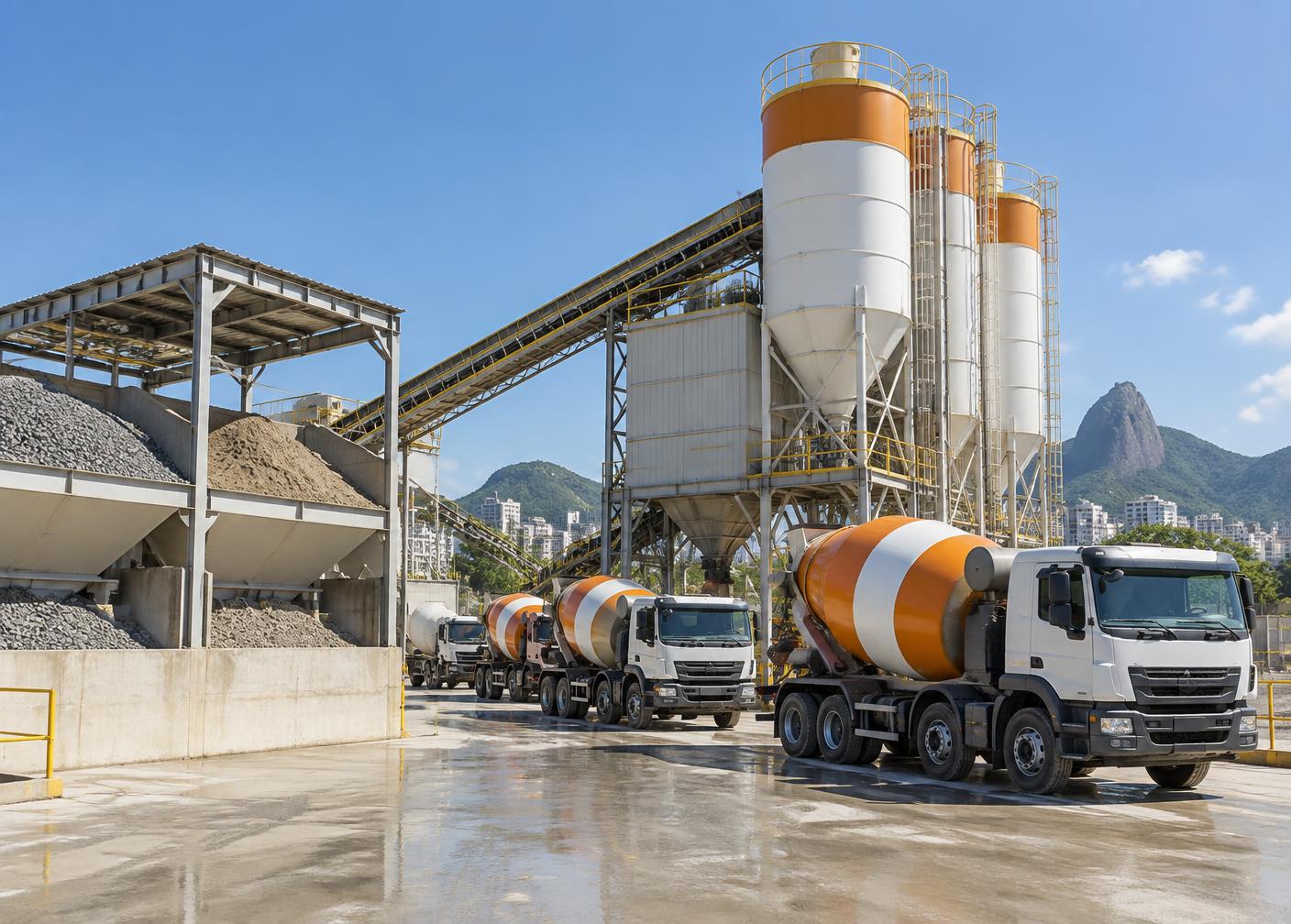 Central de concreto com caminhões betoneira
